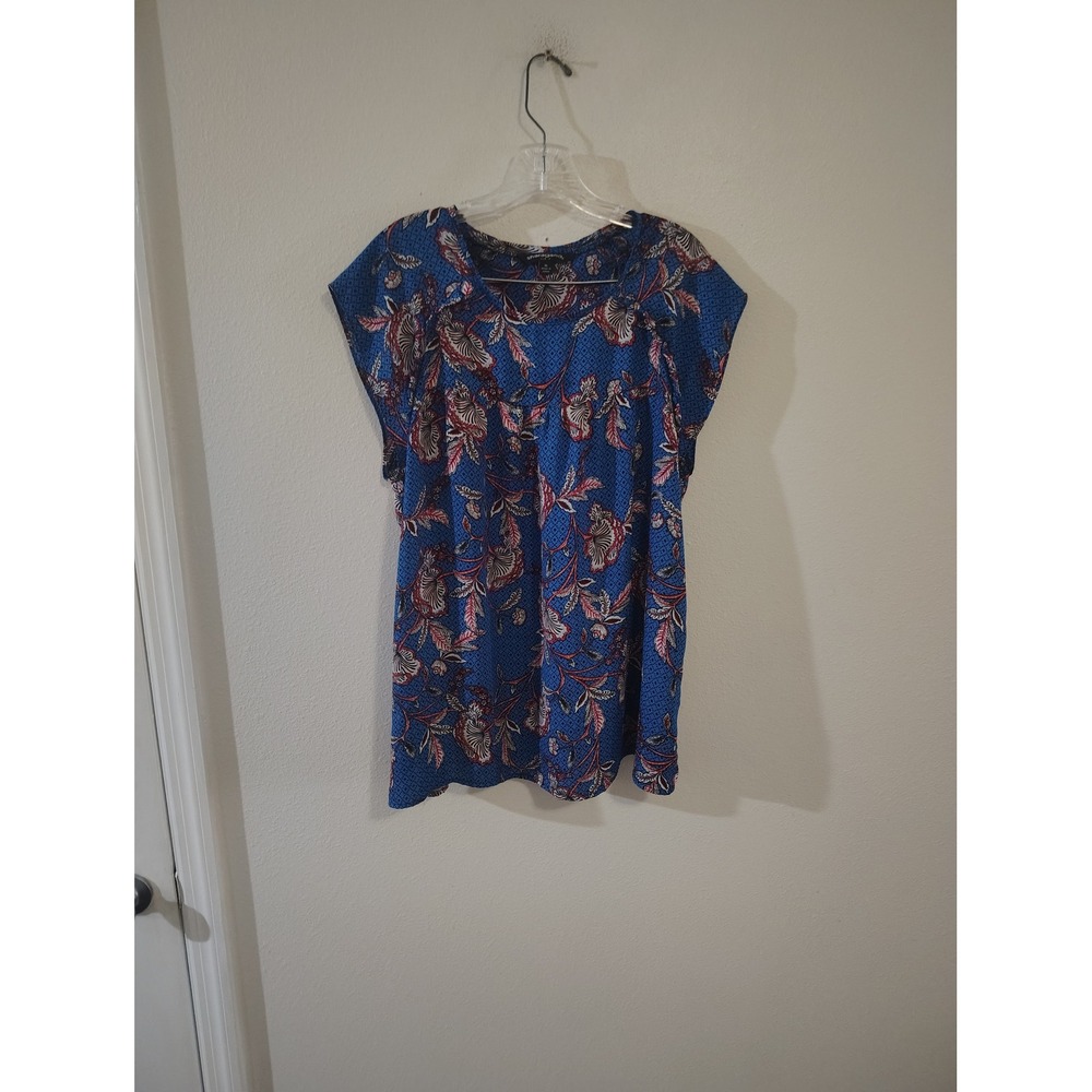 Sharagano Blue Floral Cap Sleeve Blouse Split Neck Top XL